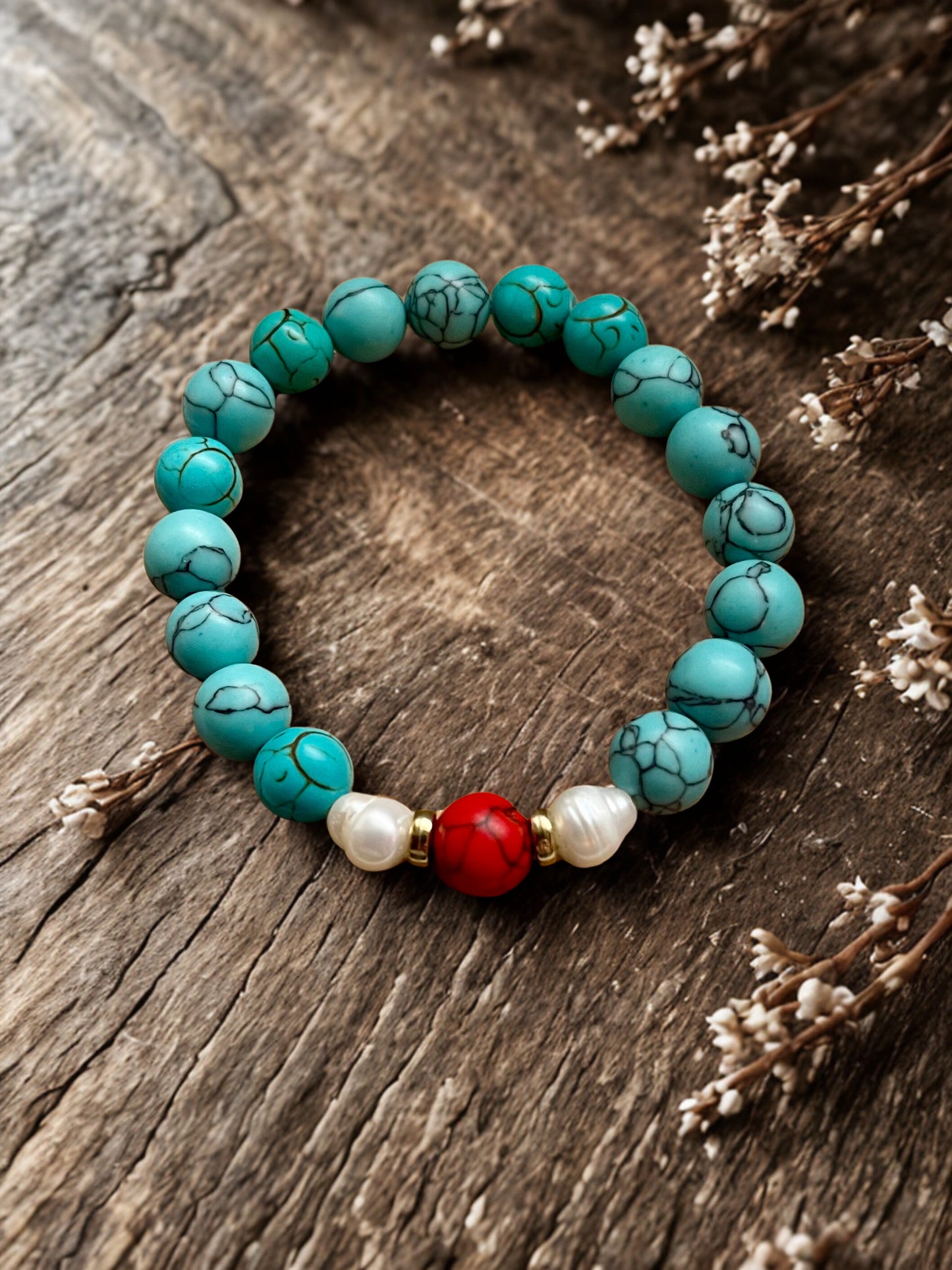 Turquoise Stone and Freshwater Pearl Stretch Bracelet